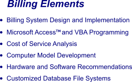 Billing Elements •	Billing System Design and Implementation •	Microsoft Access and VBA Programming •	Cost of Service Analysis •	Computer Model Development •	Hardware and Software Recommendations •	Customized Database File Systems